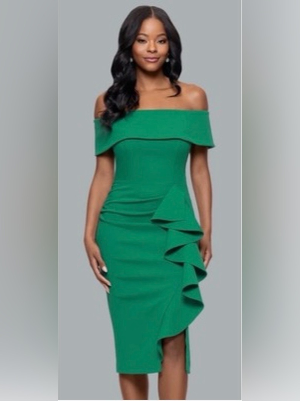 Betsy & Adam Emerald Off-Shoulder Ruffle Sheath Dress